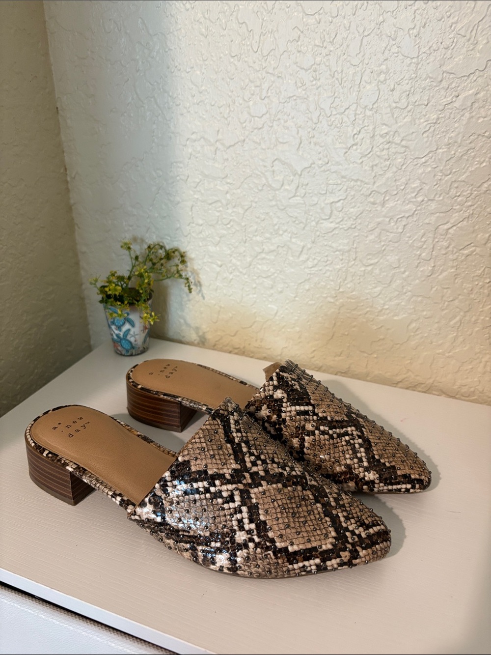 Snake-Print Slip-On Mules in Taupe
